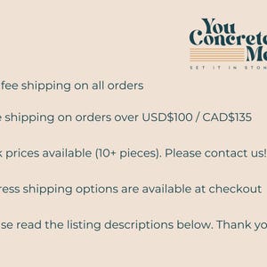 text that provides information about the shipping process for an order. It includes details about flat fee shipping, free shipping on orders over USD$100/CAD$135, bulk pricing, and express shipping options available at checkout. The text also encourages the reader to read the listing descriptions and expresses gratitude for their business.