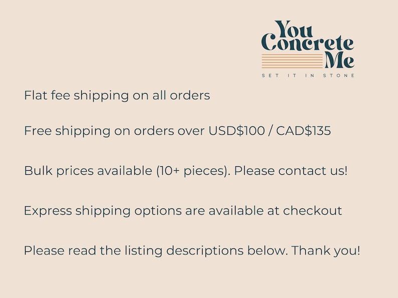 text that provides information about the shipping process for an order. It includes details about flat fee shipping, free shipping on orders over USD$100/CAD$135, bulk pricing, and express shipping options available at checkout. The text also encourages the reader to read the listing descriptions and expresses gratitude for their business.