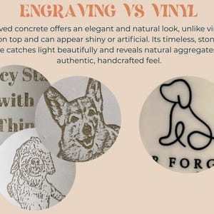 The image is a comparison between engraving and vinyl, featuring three different images: a carved dog, a carved dog with a human face, and a carved dog with a human face and a logo.