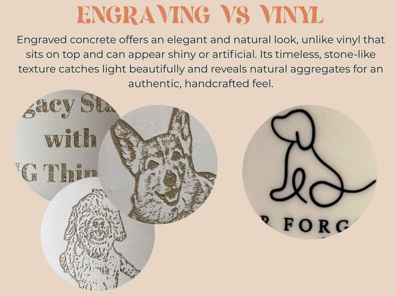 The image is a comparison between engraving and vinyl, featuring three different images: a carved dog, a carved dog with a human face, and a carved dog with a human face and a logo.