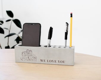 Family Portrait Dad Concrete Desk Organizer | Father's Day Gift | Daddy Birthday Gift From Kids | Custom Photo Engraved Docking Station