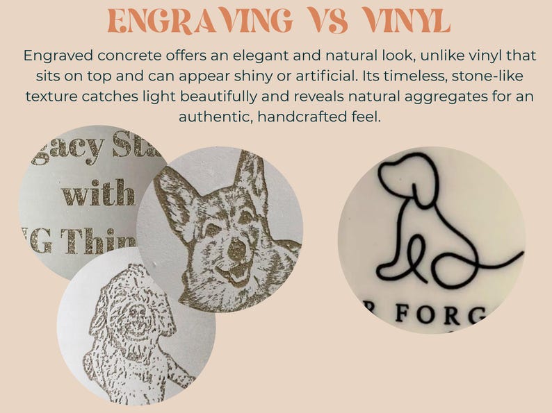 The image is a comparison between engraving and vinyl, featuring three different images: a carved dog, a carved dog with a human face, and a carved dog with a human face and a logo.