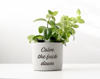 Custom Funny Quote Planter | Calm The Fuck Down | Humorous Gift for Friends, Coworkers or Plant Lovers