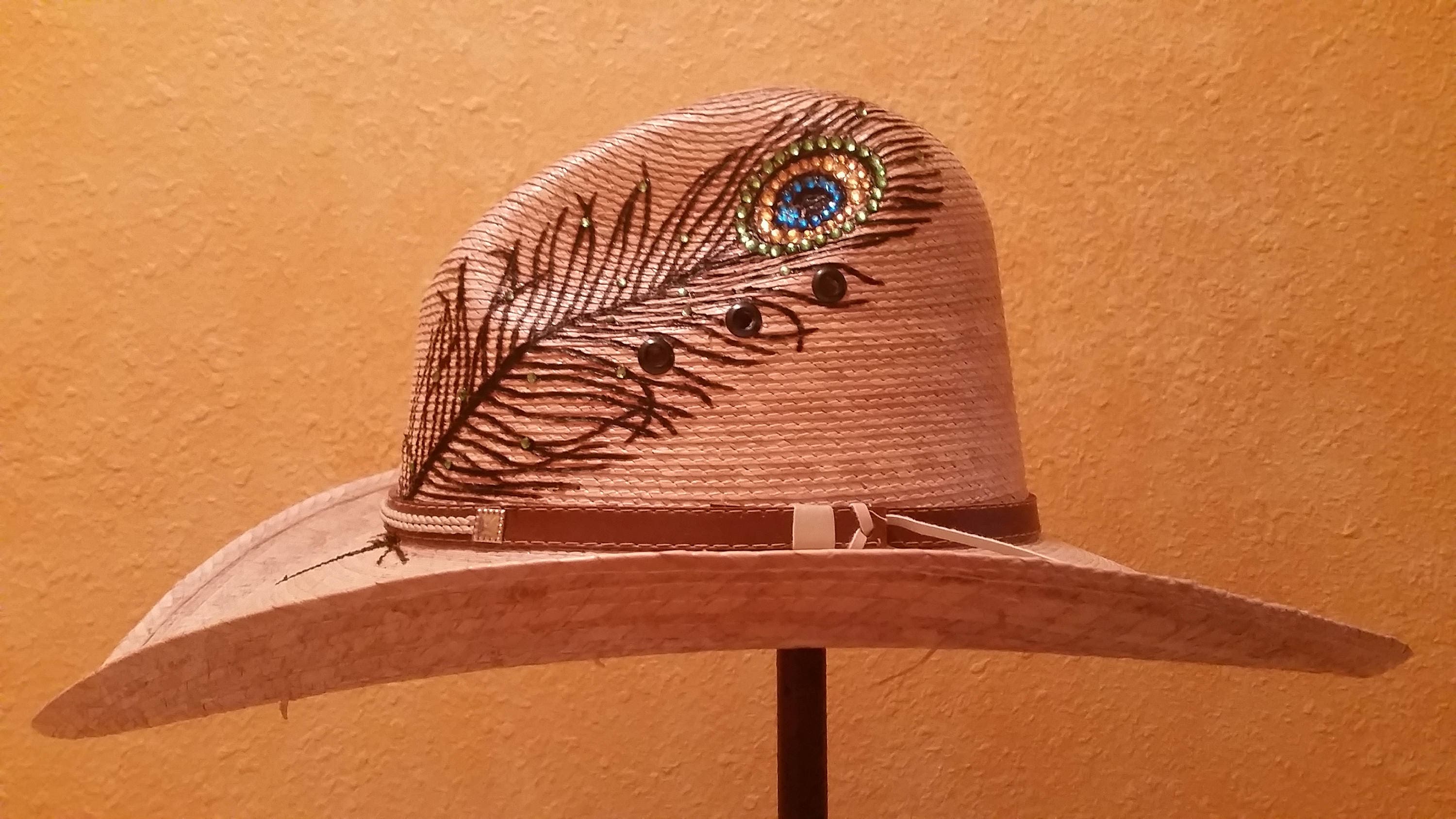 Cowboy Hat Peacock Feather Woodburn, Western, Rodeo, Cowgirl, Rustic