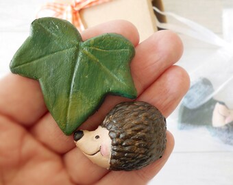 Hand Painted Clay Hedgehog Magnet Set, Woodland Decor