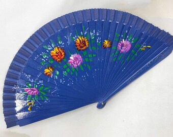 Hand Fan, Fan, blue, painted, rich  flower,with initals