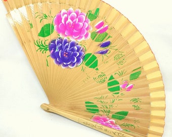 Éventails à main, ventilateurs, couleurs naturelles, floraux peints à la main des deux côtés