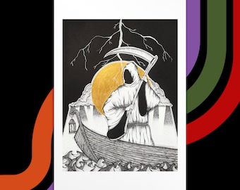 The Reaper Art Print, Dark Fantasy Fine Line Artwork, Gothic Wall Decor, Watercolor Gold Illustration, Horror Drawing, Angel of Death Boat