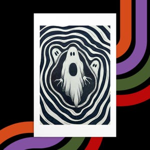 Lost Ghosts Illustration, Three Ghosts Friends Drawing, Halloween Party Postcard, Carte Postale Quebec, Spooky Scary Skeleton Season Card
