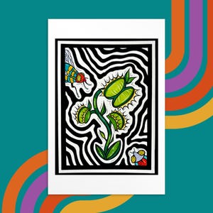 Venus Flytrap 4x6 Art Print - Carnivorous House Plant Lover Artwork - Psychedelic Colorful Insect Drawing - Montreal Artist