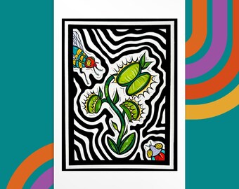 Venus Flytrap 4x6 Art Print - Carnivorous House Plant Lover Artwork - Psychedelic Colorful Insect Drawing - Montreal Artist