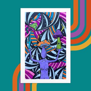 Trippy Mushrooms Illustration, Aesthetic Mush, Champignons Magiques Dessin, Magic Shroom Drawing, 4x6 Impression, Mycology, Cottage Core