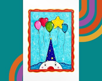 Balloon Party 4x6 Art Print - Colourful Circus Clown Artwork - Montreal Artist