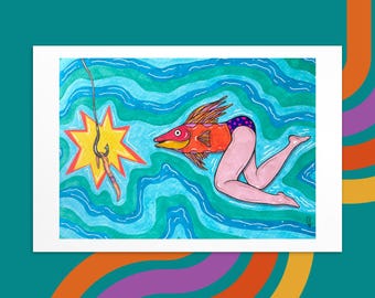 Fish Lady 4x6 Art Print - Fishing Hook Artwork - Pin Up Legs Swimming Pool Drawing - Montreal Artist