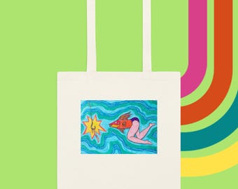 Fish Lady Cotton Tote Bag - Psychedelic Fishing Hook Totebag - Pin Up Legs Swimming Artwork - Montreal Artist