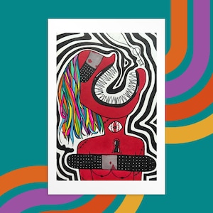 May include: A colorful illustration of a person with a large, red, toothy mouth, a black and white striped background, and a keyhole in their chest. The person is wearing a bandage across their chest.