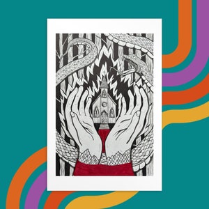 Blinding Faith Illustration, Metalcore Music, Hardcore Music, Burning Church, Snake Drawing, Dark Forest, Tied Hands, Black and White Poster