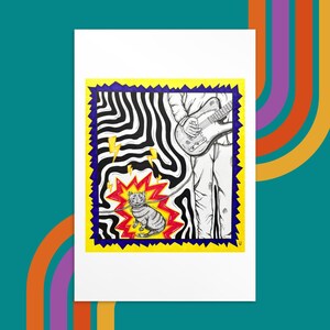May include: Illustration of a cat with a guitar, set against a black and white background with lightning bolts. The cat is in a red burst, and a person is playing the guitar. The artwork is on a white background with colorful stripes.