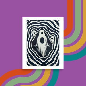 Lost Ghosts Poster, Psychedelic Black And White Drawing, Halloween Party Postcard, Carte Postale Quebec, Spooky Season Art Print Wall Art