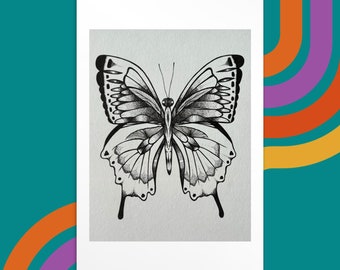 Shadow Butterfly Illustration, Tattoo Inspired Drawing, Handmade Artwork, Fine Line Drawing, Black and White Postcard, Pointillism Art