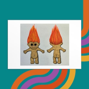 Anatomy Of A Troll Illustration, Troll Doll Drawing, Orange Hair Doll, Dessin Poupée Vintage, Carte Québécoise Drôle, Nostalgic 1990’s Card