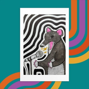 Screaming Possum Illustration, Cute Opossum Lover, Animal Postcard, Imprimer Trash Pet, Affiche Noir et Blanche, Black And White Artwork