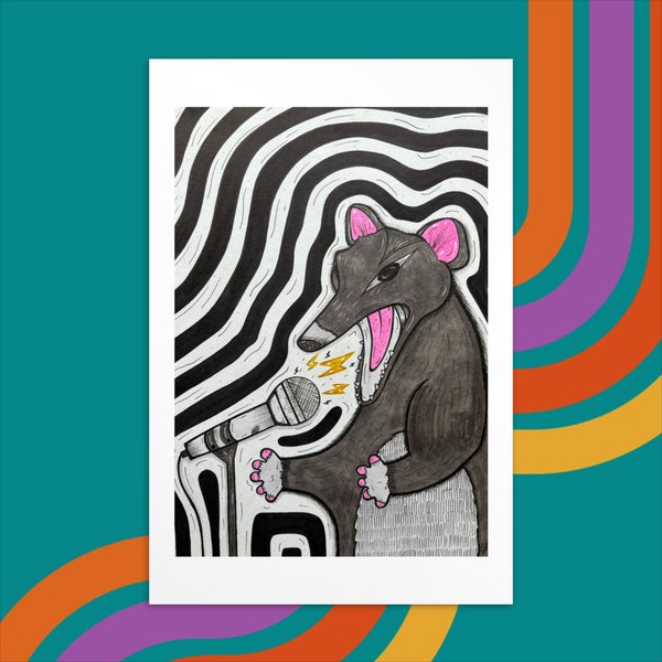 Singing Possum Illustration, Carte De Souhait Opossum, Animal Postcard, Imprimer Trash Pet, Affiche Noir et Blanche, Black And White Artwork