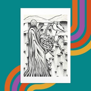 May include: Black and white ink drawing of a skeletal figure riding a skeletal horse. The figure is wearing a long, flowing robe and the horse is galloping through a field of mushrooms.