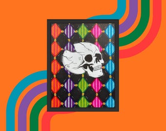 Skeleton Skull Digital File Art Print PNG, Retro 90s Halloween Inspired Wallart, Colorful Psychedelic Artwork, Gothic Graphic Poster