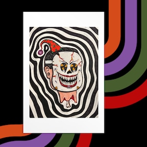 Creep Illustration, Spooky Season Vibes, Halloween Handmade Post Card, Carte Postale Quebec, Retro Clown Mask, Small Dark Aesthetic Poster