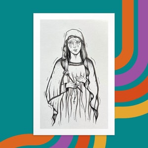 Hell Mary Illustration, Religion Drawing, Holy Mary PostCard, Virgin Mary Card, Antichrist Drawing, Church Demonic Sister