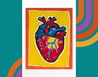 Heartache 4x6 Art Print - Colourful Human Heart Artwork - Oil Pastel Drawing - Montreal Artist