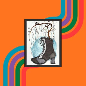 Peut inclure: Une peinture à l'aquarelle encadrée représentant une botte noire et grise avec des lacets blancs, un arbre qui en sort et un fond bleu. L'œuvre est placée sur un fond orange avec des rayures colorées.