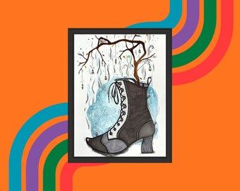Bad Witch Boot Digital File Art Print PNG, Watercolor Halloween Wallart, Gothic Witchy Vibes Artwork, Witchcraft Wall Decor, Potion Bottles