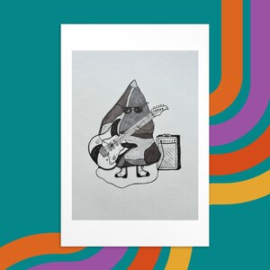 Rock N Roll Illustration, Funny Art Impression, Electric Guitar Art Print, Natural Precious Stones, Grey Rock Playing Guitar Drawing
