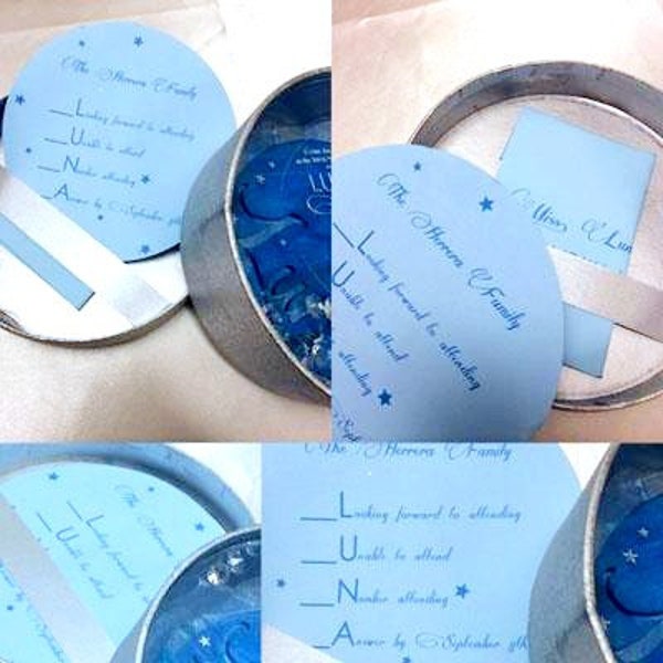 Luna Box Acrylic Invitation Response Set - Matching Personalized Star Night Water Blue Cards Crescent Moon