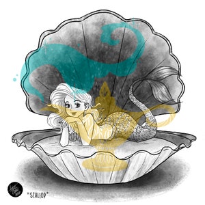 Mermaid in a Clam Shell Digital Print//Digital Art Print//Digital Illustration//Decorative Art Print