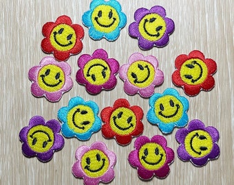 Set of 2 Smiley Flower Patches iron on Smiley patches Thunder iron on patch patches for Jackets embroidery patch Patch for backpack