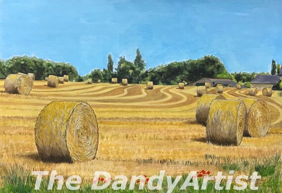 Hay Bales And Poppies In The French Countryside Original Acrylic Painting