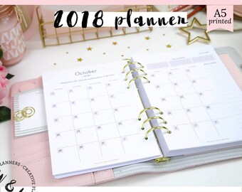 Printed A5 Monthly planner, 2018 Planner, Agenda 2018, Month on two pages, 2018 Planner Inserts, A5 planner inserts, A5 Planner Refill