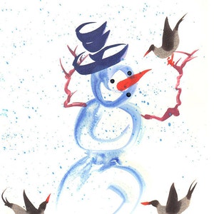 Boneco de neve, chapéu de boneco de neve para pássaros, cartão digital, arte de caligrafia, arte minimalista, animais caprichosos, pincel e tinta, colorido