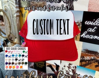 May include: A red and white trucker hat with a mesh back. The hat has the words "CUSTOM TEXT" printed in black on the front. The hat is shown against a background of various images and the text "HAT COLOR CHOICES" with a selection of different colored hats.