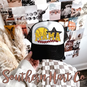 Softball Mom Hat, Faux Embroidered Softball Hat, Softball Black Hat, Trucker Hat for Women