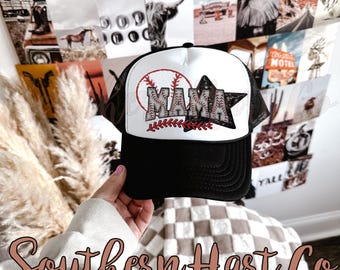 Baseball Mom Trucker Hat, Faux Embroidered Ball Cap