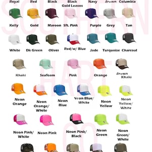 May include: A variety of trucker hats in various colors, including red, black, navy, and neon shades. Each hat features a mesh back and a curved brim. The hats are labeled with their respective color names.