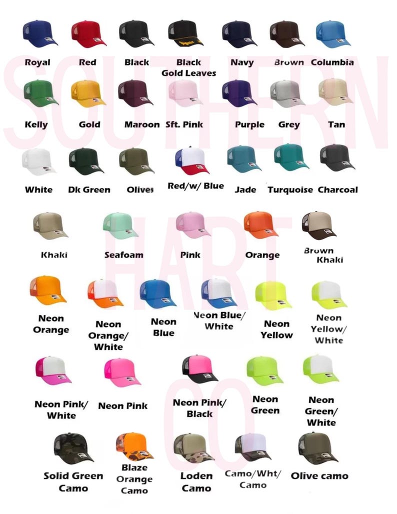 May include: A variety of trucker hats in various colors, including red, black, navy, and neon shades. Each hat features a mesh back and a curved brim. The hats are labeled with their respective color names.