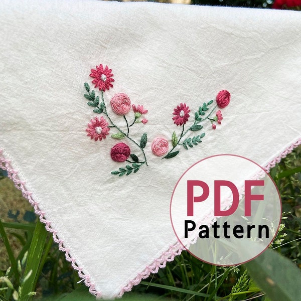 Classic Pink Rose (4"X3.1") for a Handkerchief_Kitchen Cloth_perfect for gift_PDF files_instant download files_Hand Embroidery Pattern