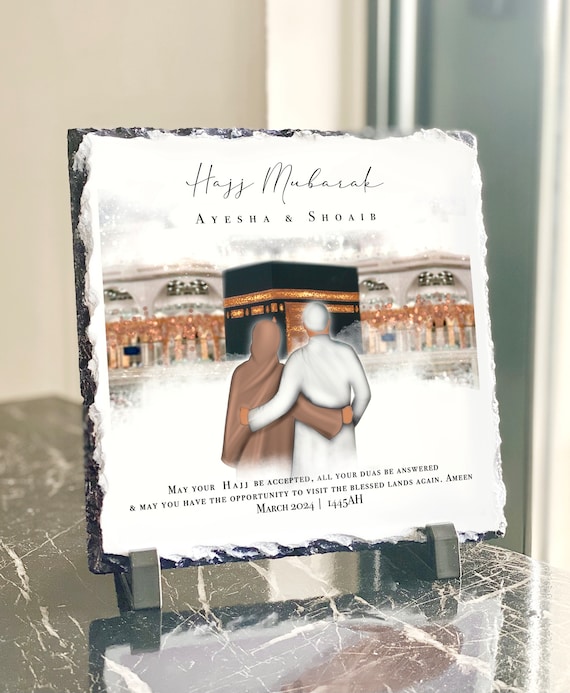 Heavyweight Personalised Hajj Mubarak Slate Plaque: Islamic Couples Gift (stand included)