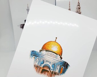 Islamic Landmark Watercolor Print Set: Kabah, Masjid an Nabawiy
