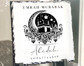 Heavyweight Personalised Umrah Mubarak Slate Plaque: Islamic Hajj Gift (20x20cm) (stand included)